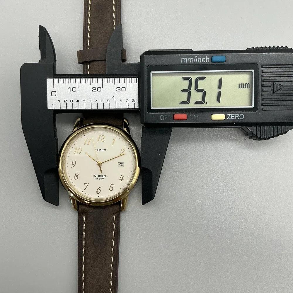 Timex Indiglo WR30M Mens Watch 35mm Cream Dial Gold Tone Leather New Battery